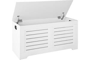 DINZI LVJ Storage Chest, 39.4”Wooden Toy Box with 2 Safety Hinges, Retro Entryway Shoe Storage Bench with Flip-Top, Sturdy Large Storage Trunk for Living Room, Bedroom, Easy Assembly, White