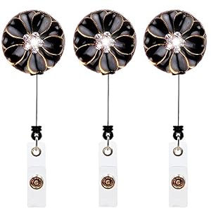 Image of Qinsuee Retractable Badge Holder, ID Badge Reel with Camellia, 3 Pack (Black)