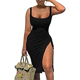GOKATOSAU Women's Summer Sexy Sleeveless Side Split Bodycon Ruched Midi Tank Dress