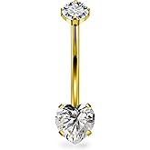 Hnxnskt Long Belly Button Rings Surgical Steel Belly Button Ring 14mm Navel Rings for Women 14G Long Bar Navel Piercing Jewelry Heart Crystal