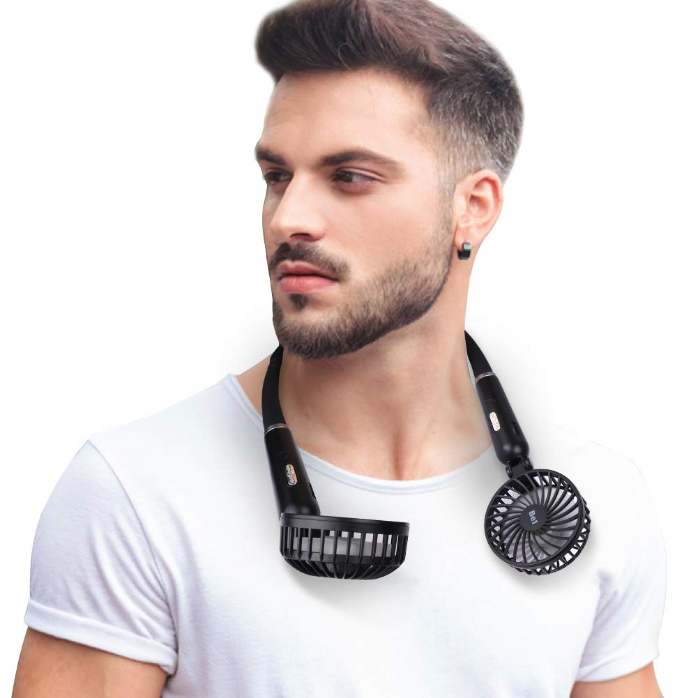 Be1 Hand-Free Neck Personal Fan for Sports Home Office, Fast Face Air Circulation for Breathless Sufferers, USB Battery Operated Neckband Fan, 2 Speeds, Comfortable Flexible Gooseneck, Strong Wind
