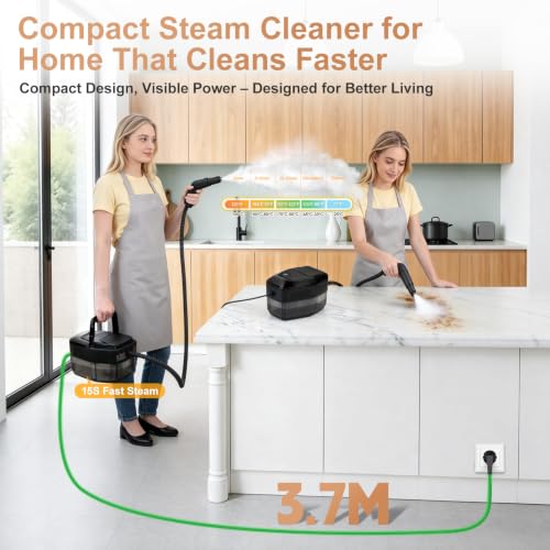 Vaporeta limpieza hogar, limpiador de vapor portátil 1500W, vaporeta de mano calentamiento rápido en 15s, depósito de agua de 1,8 L, con 12 accesorios para coches, negro (Mantenga 3s para comenzar)