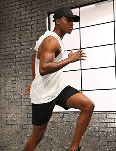 poriff Mens Hooded Tank Tops Workout Sleeveless Muscle Gym Bodybuilding Fitness T-shirt with Pocket S-XXL White M