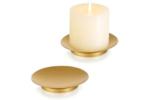 Romadedi Iron Plate Candle Holder - Gold Candle Holders for Pillar Candles, Set of 2 Small Candle Tray Pillar Candle Holder Plate Metal Candle Stand for Coffee Table Decor, Wedding, Party, Home Decor