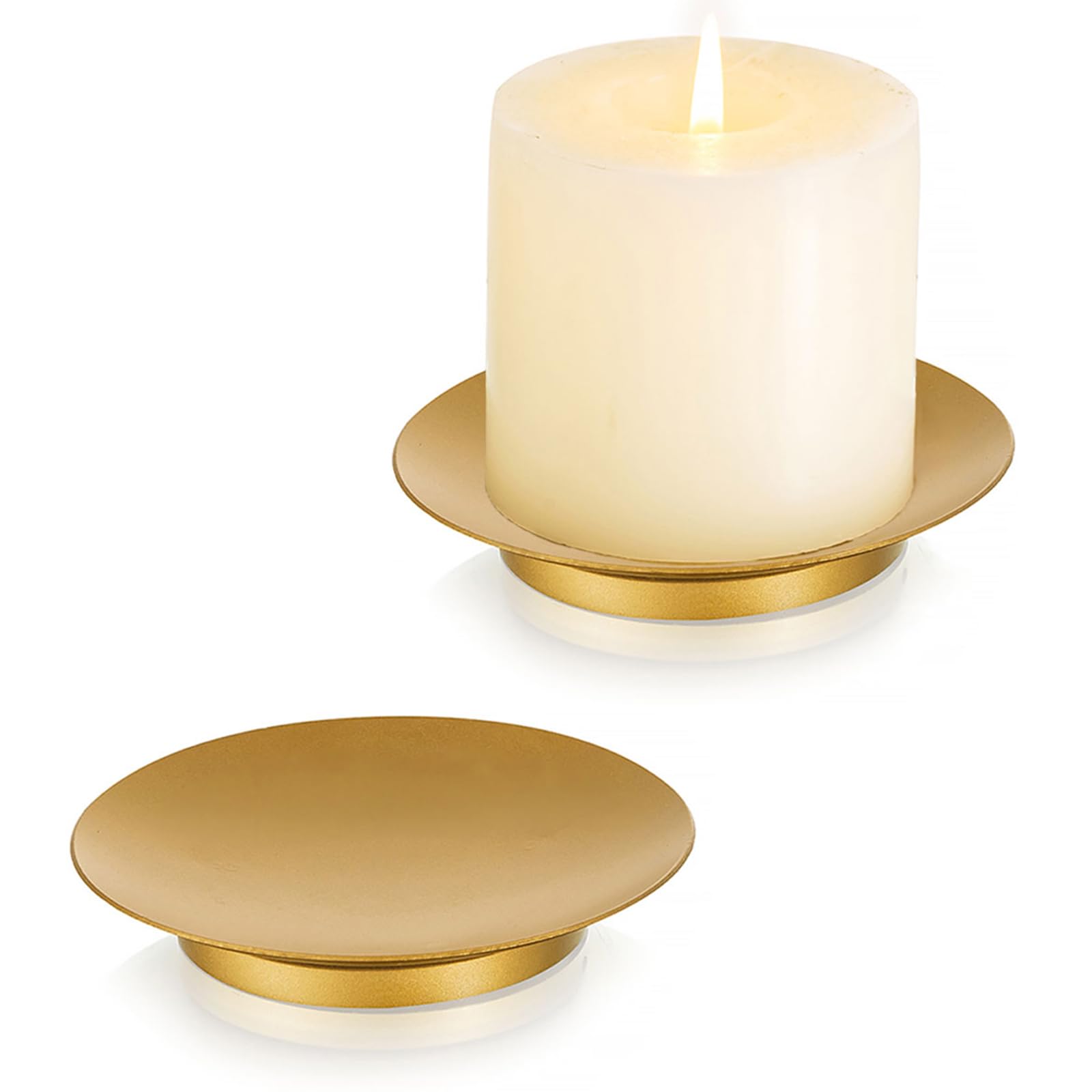 Photo 1 of Romadedi Iron Plate Candle Holder - Gold Candle Holders for Pillar Candles, Set of 2 Small Candle Tray Pillar Candle Holder Plate Metal Candle Stand for Coffee Table Decor, Wedding, Party, Home Decor