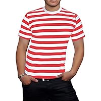 MA ONLINE Mens Round Neck Fancy T-Shirt Gents Short Sleeves Red and White Stripes Top Large