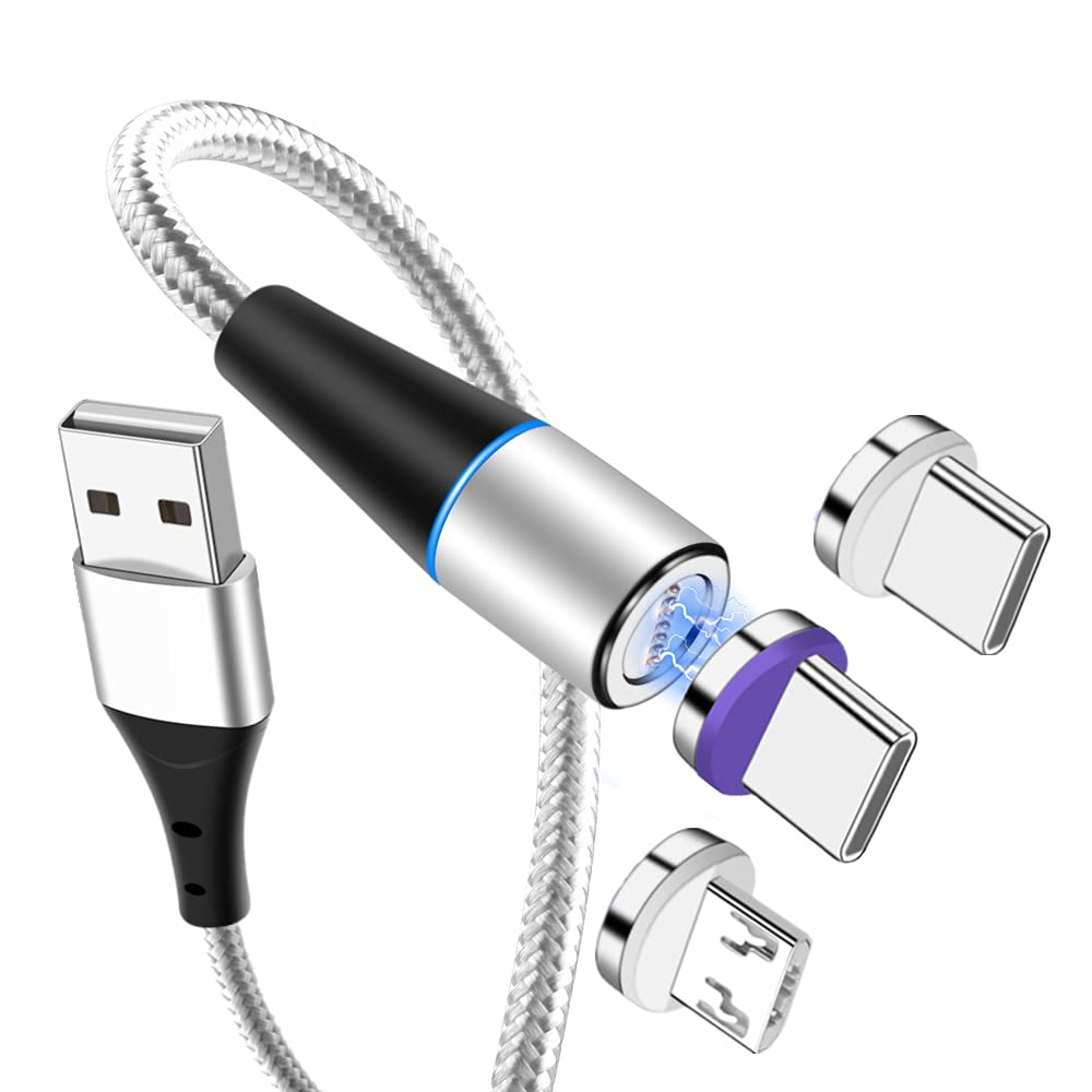 UGI 3 IN 1 Magnetic Fast Charging Cable,Micro USB/I/Type C Magnetic Cable Support Data Transfer & 3A Fast Charging Braided Cord for All Type of Phones and Tablets -3.3ft/Silver