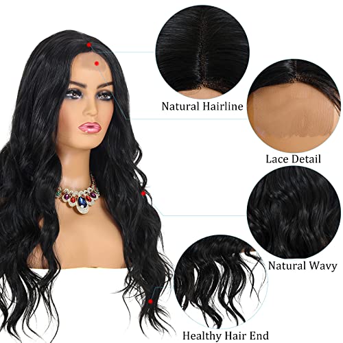 POPTAIYU Long Black Wavy Wigs for Women Lace Front Body Middle Part Hair Heat Resistant Synthetic Natural Looking Wigs for Daily Party Use (Black,24inch)
