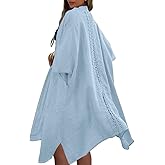 chouyatou Women's Boho Crochet Eyelet Open Front Irregular Long Cotton Beach Coverup Cardigan Shirt Blouses