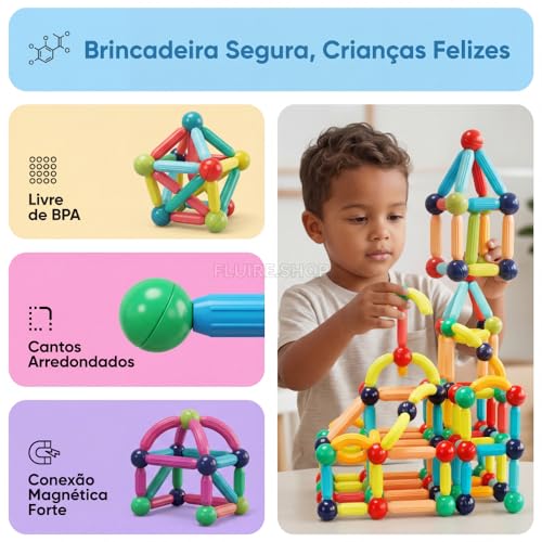 Bloco Magnetico Infantil de Montar, Brinquedo Educativo Infantil Bastões e Bolas, Kit de Construção 2D e 3D, Desenvolvimento STEM para Criatividade, Coordenação Motora e Raciocínio Lógico (103)