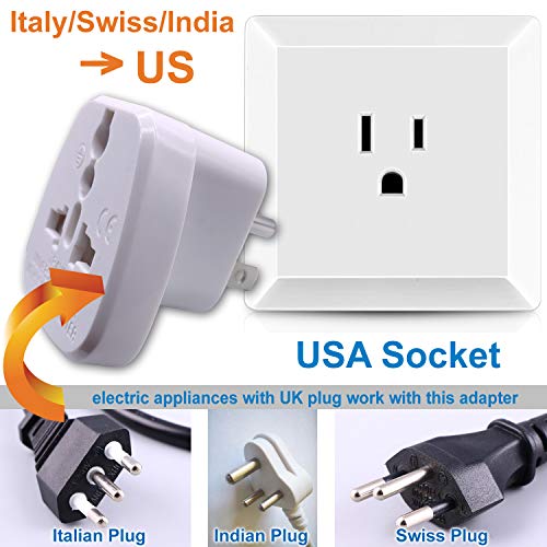 GOMMLE US/CA/JP Type B Adaptor Plug with Flat Blades/Round Grounding Pin and Safety Shutter, UAE/EU/DE/UK/Italy/Swiss/Indian Plug Suitable for 3 Pin US/JP/CA Socket (US/JP/CA Plug * 3 White)