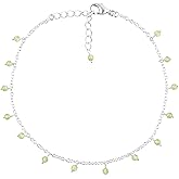 CRYSTALINES Natural Peridot Gemstone Anklet, Handmade Quartz Crystals Beads Ankle Bracelet, Hanging Silver Adjustable Jewelry, August Birthstone, Christmas Gift for Her (9+1.50 inch)