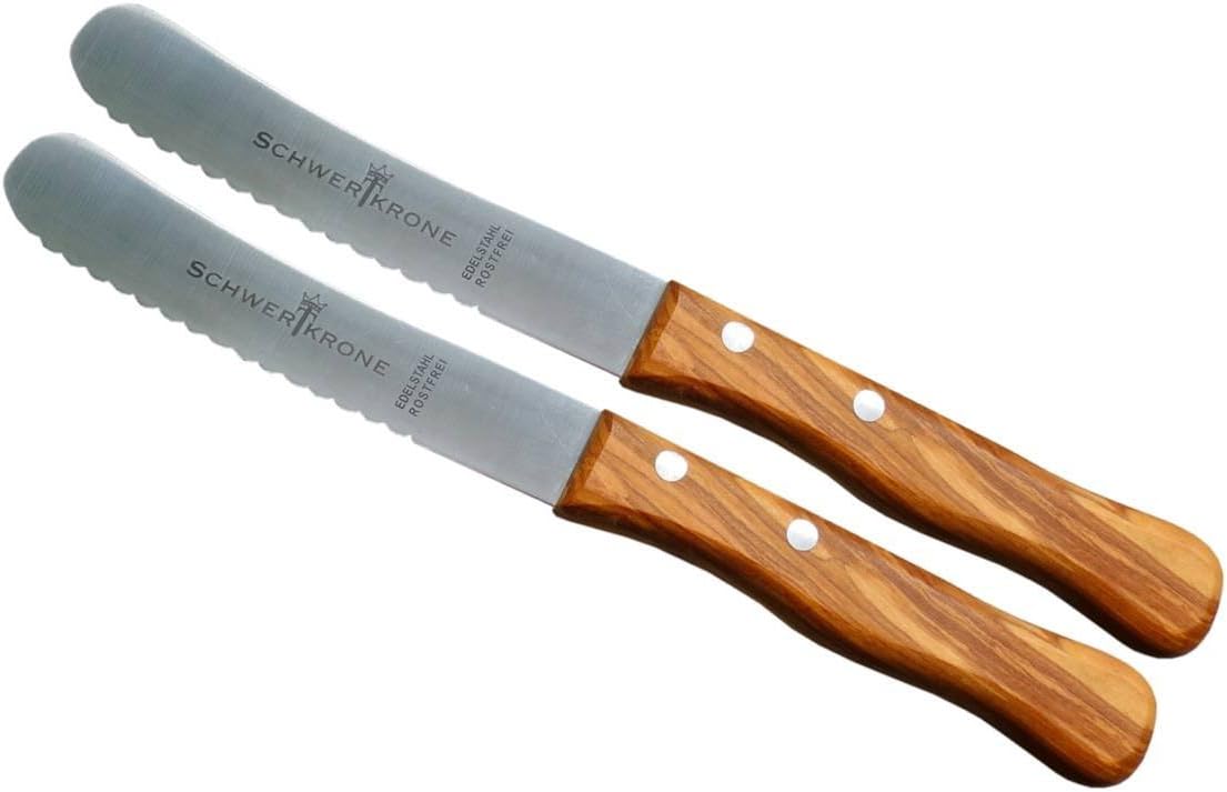 Schwertkrone Buckelsmesser Brotzeitmesser - Brötchenmesser Buttermesser mit Wellenschliff Holzgriff Olivenholz Holzgriff (2 Stück)