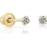 14k Yellow Gold Solitaire Round Cubic Zirconia Stud Earrings in Secure Screw-backs