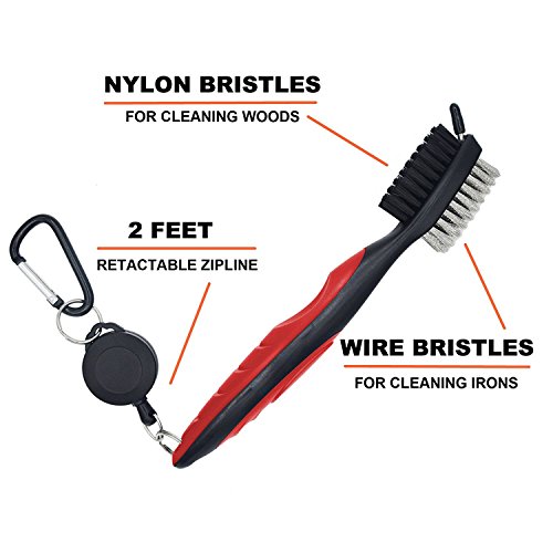 Hsxfl Golf Club Brush with Groove Cleaning Spike,2 Ft Retractable Cord and Clip.Lightweight and Stylish, Ergonomic Design, Golf Accessories Easily Attaches to Golf Bag(Red)