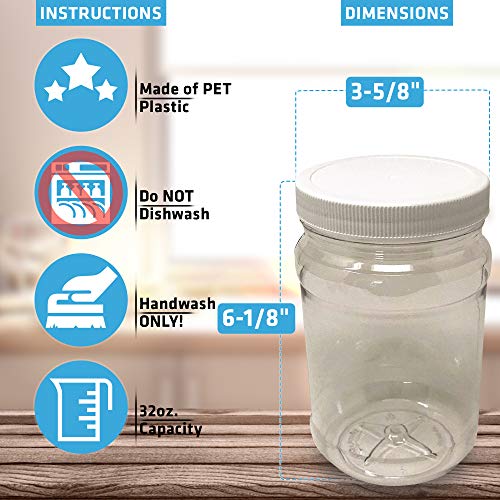 CSBD 32 Oz Clear Plastic Mason Jars With Ribbed Liner Screw On Lids, Wide Mouth, ECO, BPA Free