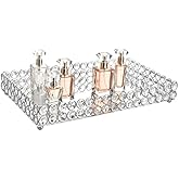 Feyarl Crystal Perfume Tray Cosmetic Vanity Makeup Tray Mirrored Jewelry Trinket Rings Earrings Organizer Storage Decorative Tray for Dresser Countertop Wedding Home Bathroom(13.7" x 7.87")