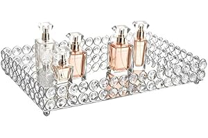 Feyarl Crystal Perfume Tray Cosmetic Vanity Makeup Tray Mirrored Jewelry Trinket Rings Earrings Organizer Storage Decorative Tray for Dresser Countertop Wedding Home Bathroom(13.7" x 7.87")