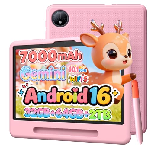Luzglo P10 Kid Tablet 10 Inch, Android 16 Tablets, Gemini AI, 90Hz, 32GB RAM+64GB ROM, 7000mAH, 5G WiFi, Face ID, OTG, GPS, Tablet with Pencil, Tablet for 7-10 Years, Pink