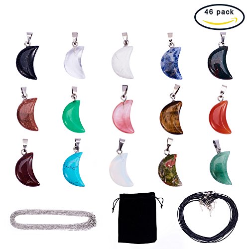 SUNNYCLUE 1 Set 15pcs Crescent Moon Shape Healing Natural Chakra Beads Gemstone Pendants with 15 Strands Leather Cord Necklace and 15 Strands Cross Chains DIY Necklace Jewelry Making Kit