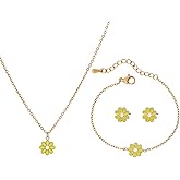 TaYolnFaSo Yellow Flower Jewelry Set for Female Dainty Cute Small Enamel Floral Necklace Earrings Bracelet Set Birthday Gift for Women
