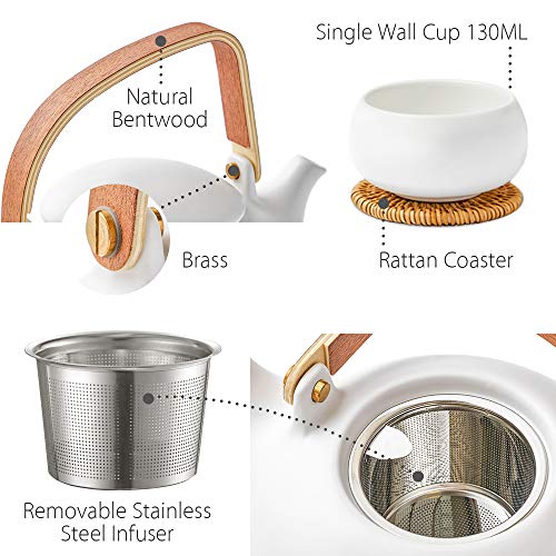 ZENS Japanische Teekanne mit Siebeinsatz, Modern 800ml Matte Weià Teeservice Keramik mit 4 Tassen und Rattan Untersetzer, Hanfseilgriff Teeservice für Losen Tee Stepper, Geschenk für Teeliebhaber – Bild 6