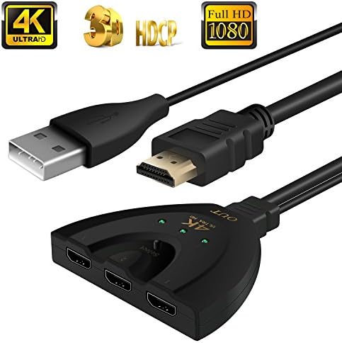 [Upgrade version] HDMI Switch 3x1, 4K 3 in 1 out Auto Switch 3 Port with Pigtail Cable + USB Power Cable HDMI Switcher Adapter Support HDCP 1080P 3D HD Audio TV for PC,HDTV, Blue-ray DVD, Xbox, PS3/4