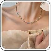 Andelaisi Boho Rainbow Seed Bead Necklace Vintage Cute Seed Bead Choker Necklace Colorful Rice Bead Necklace Multicolored Seed Beaded Chain Necklace Jewelry for Women