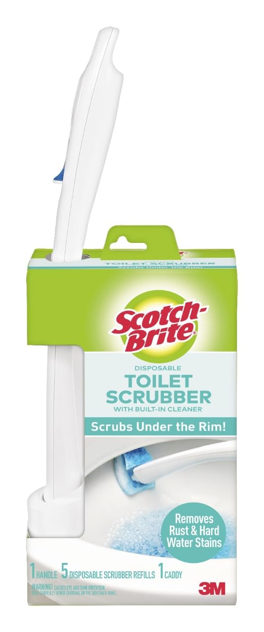 Photo 1 of Scotch-Brite Disposable Toilet Scrubber Starter Kit, Disposable Refills with Built-In Bleach Alternative, Includes 1 Handle, Storage Caddy and 5 Refills