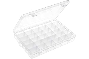 BUDREU 1pack 36 Grids Plastic Clear Organizer Box Bead Storage Containers with Adjustable Dividers for Craft Jewelry Fishing Tackles Parts Storage with 1 Sheets Label Stickers