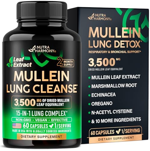 Mullein Leaf Extract for Lung Detox - Marshmallow Root | Echinacea | Oregano | Quercetin | NAC - 15-in-1 Lung Support & Cleanse for Smokers Supplement - Made in USA - As Drops, Tincture - 60 Capsules