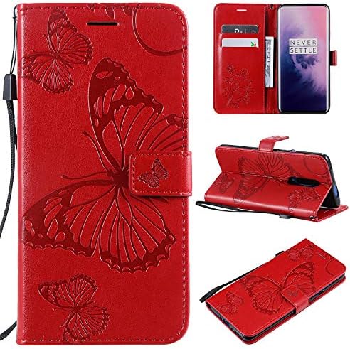 Ropigo Emboss 3D Butterfly Wallet Case for OnePlus 7 Pro [Not Fit Oneplus 7] Flip Leather Protective Case with Wrist Strap,Magnetic Closure,Credit Card Slots Holder,Kickstand Function Red