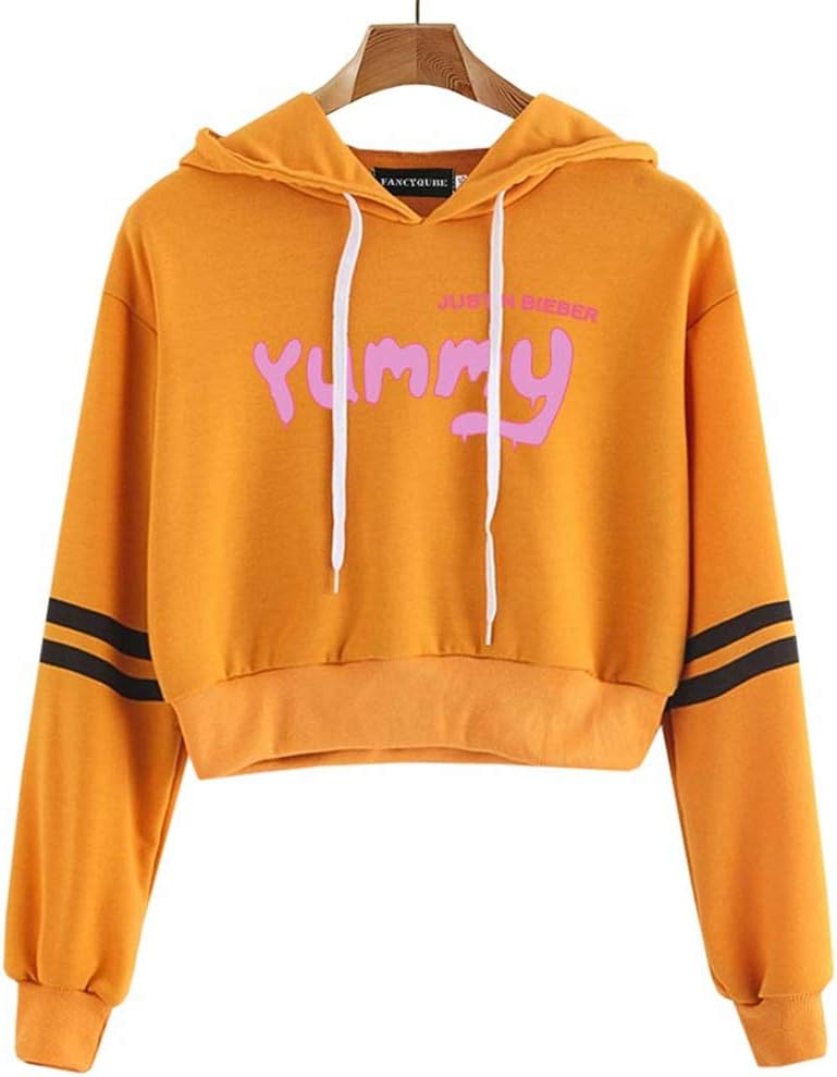 Fushimuma Women's Justin Bieber Crop Top Hoodies Fans Gift Costumes Striped Sleeve Sweatshirt