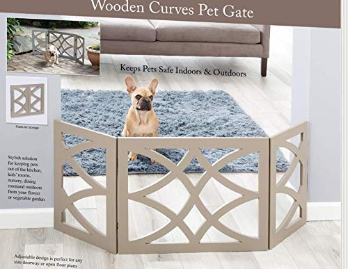 Zoogamo 3 Panel Gray Wooden Curves Design Pet Gate -19 Inches Tall Expands Up to 48'' Freestanding Tri Fold Durable Wooden Dog Fence-Indoor/Outdoor Pet Barrier for Stairs,Doorways - Thumbnail 2