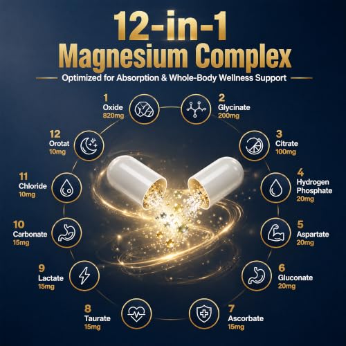 Magnesium Glycinate 500mg, 12-in-1 High Absorption Magnesium Complex Supplement with Citrate, Taurate & Orotate, Supports Relaxation, Sleep, Muscle, Heart, Bone & Nerve Health, 120 Vegan Capsules