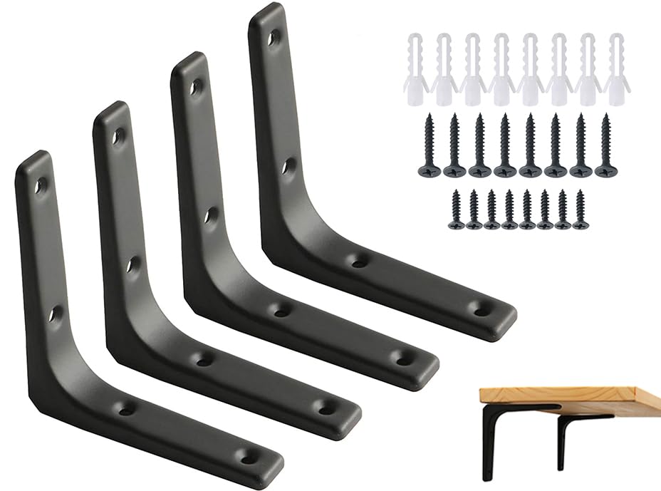 Photo 1 of SAYAYO 4 PCS Iron Wall Shelf Bracket, 4 x 4 Inch Heavy Duty Shelf Support Bracket Decorative Joint Angle Bracket, Matte Black
