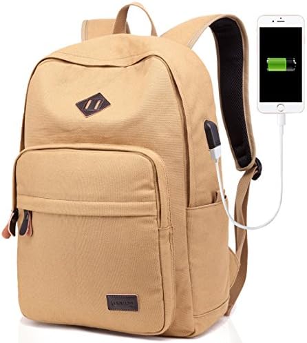 Backpack For Men Women Girls Boys With USB Charging Port Vintage Canvas Bag for Laptop Travel Business College Book Bag (Khaki)