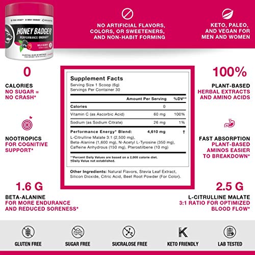 image for Honey Badger Vegan Keto Pre Workout | Wild Berry | Natural Paleo Sugar