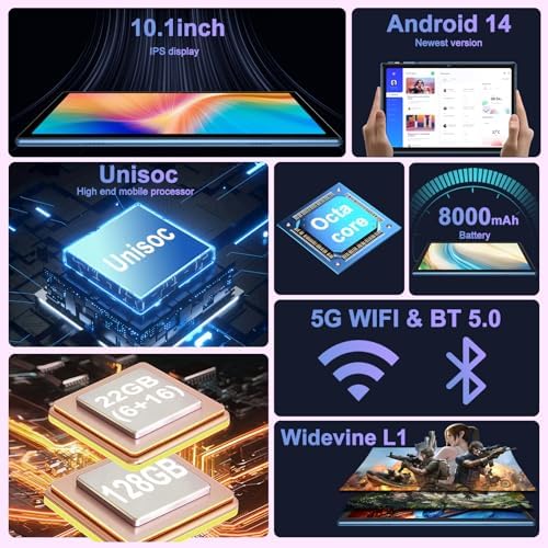 Último Tablet Android Gemini AI, Tablet 10 Pulgadas, 22GB+128GB/TF 1TB, Octa-Core 2.0GHz, 5G WiFi, Bluetooth5.0, 8000mAh Batería, 8MP+5MP, Widevine L1, GPS, Tablet con Funda, Teclado y Ratón - Azul