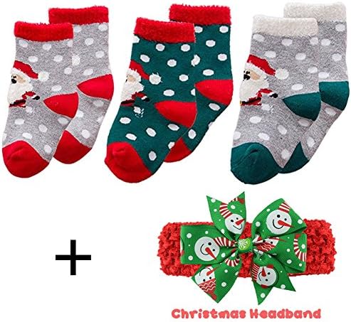 Unisex Baby Cute Christmas YEAPOOK Organic Cotton Socks Toddler Xmas Socks Infant Christmas Socks for Newborn Boys Girls-3 Pairs+1 Headband (santa claus,S(0-6months))