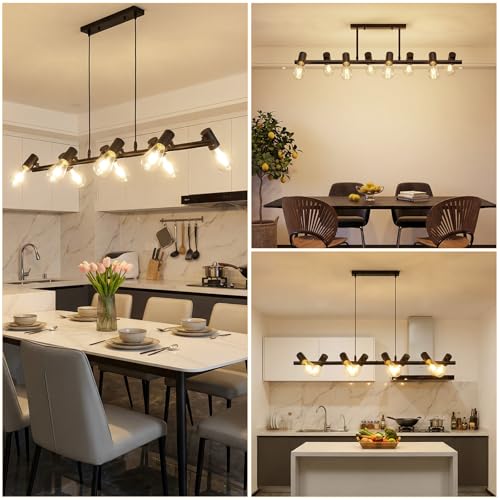 VivaLet Dining Table Pendant Ceiling Lamp with 8 Bulbs, E27 Base, Black, Swivel Head, Height Adjustable Industrial Pendant Lamp for Dining Room, Kitchen, Bar, Restaurant
