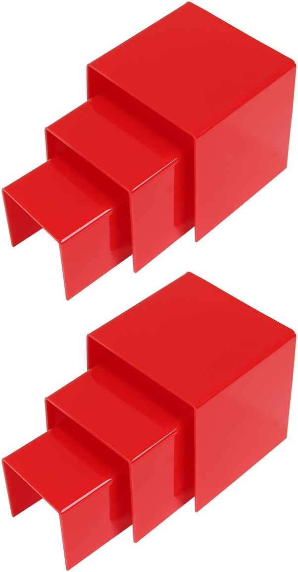 BYCY Red Acrylic Riser Square Display Stands-Acrylic risers for Jewels, Cosmetics and Figurines Including 6 pcs per Set with 3 Sizes