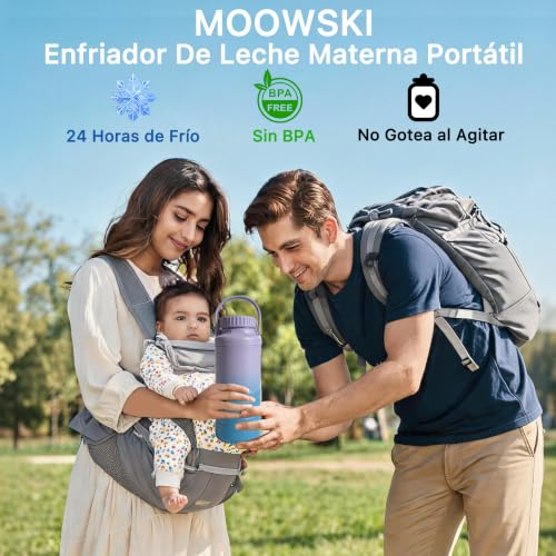 MOOWSKI Enfriador de Leche Materna Portatil 22OZ [Mantiene Fría por Más de 24 Horas] Termo para leche materna con 2 Botellas de 300ml, Sin BPA Botellas para Viajes y Exteriores - Enfriador de Leche Materna de Acero Inoxidable Morado-Azul