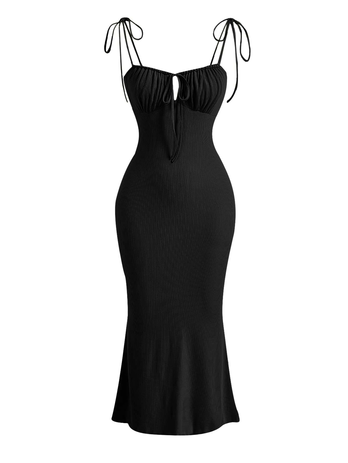 Photo 1 of Verdusa Women's Ruched Knot Front Tie Shoulder Sleeveless Fishtail Bodycon Cami Dress Black S