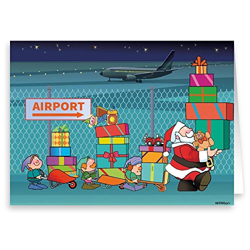 Aviation Christmas Card - 18 Cards & Envelopes - Santa Brings Packages to Airport