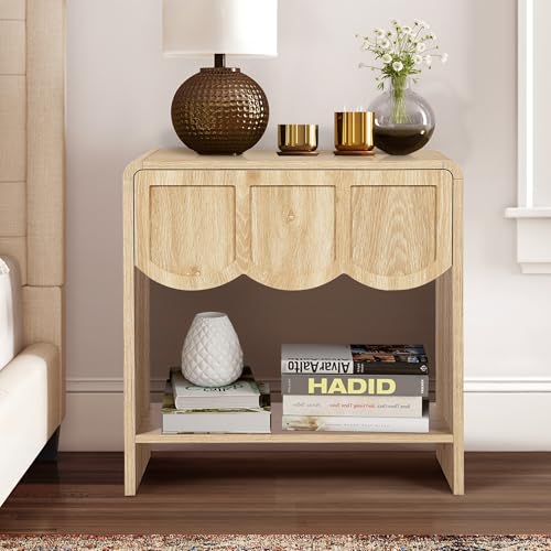 Night Stand Set of 2, Mid Century Modern Farmhouse Wood Nightstand with Wave Panel Drawer, Bed Side End Table for Small Space, Living Room - Natural