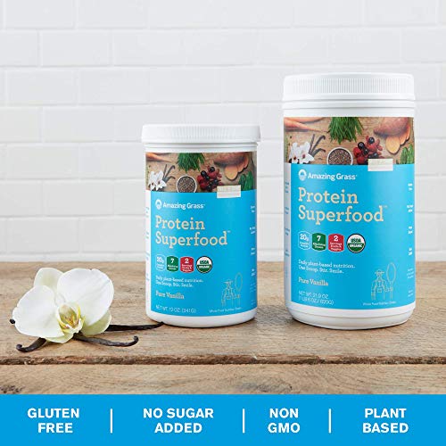 Amazing Grass Protein Superfood: Organic Vegan Protein Powder, Plant Based Meal Replacement Shake with 2 servings of Fruits and Veggies, Pure Vanilla Flavor, 10 Single Serve Packets, 10.9 Ounce