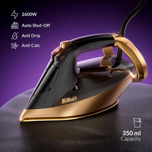 Feller Germany Vanguard Series Steam Iron, 2600W, Prime Gold Ceramic Double Sole Plate with Anti Calc, Auto Shut off, TrueTemp, Easy One Button Steam, SI260, 2Y Guarantee-UAE Version (Gold)