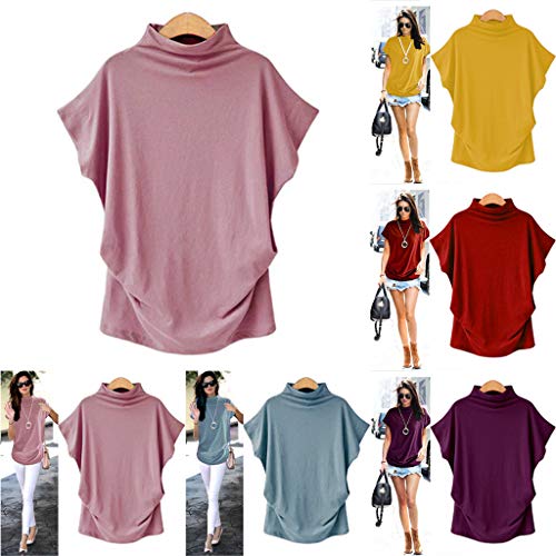 New in Summer Haalife◕‿Women Turtleneck Short Sleeve Top Fashion Irregular Blouse T Shirt Casual Oversize Tunic Tops Light Blue - Thumbnail 4