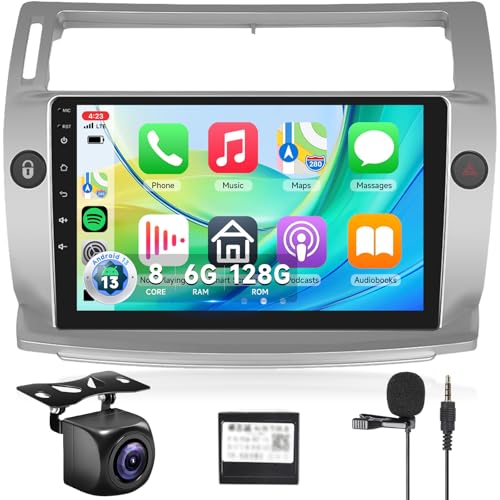 【8 Core 6+128G】 Hodozzy Carplay Car Radio for Citroen C4 2004-2009, 9 Inch Touch Screen Android Car Radio with Android Auto/WiFi/GPS/RDS/FM/Bluetooth/USB/DSP